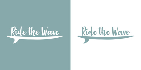 Logo club de surf. Texto Ride the Wave sobre silueta de tabla de surf