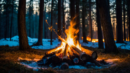 3D rendering of big bonfire with sparks and particles in front of forest
