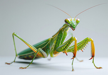 Close-up of a vibrant green praying mantis on a light background, showcasing its detailed body structure and striking pose.