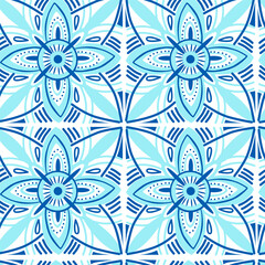 Vector seamless texture with blue geometric flowers. Vector pattern with blue geometric flowers.