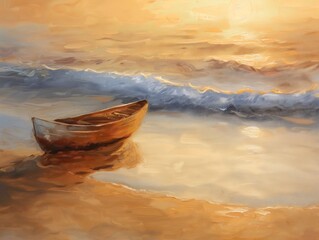 Fototapeta premium A canvas painting depicting a serene coastal sunset with a small boat gently bobbing on the calm ocean waters. AI generated
