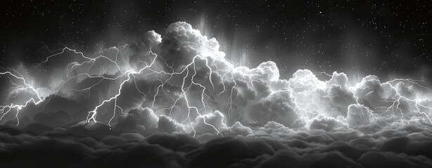 Dramatic black and white image of a thunderstorm with intense lightning strikes illuminating the...