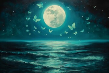 A canvas painting depicting a serene full moon shining brightly over a calm ocean, with teal green butterflies fluttering across the moonlit sky. AI generated