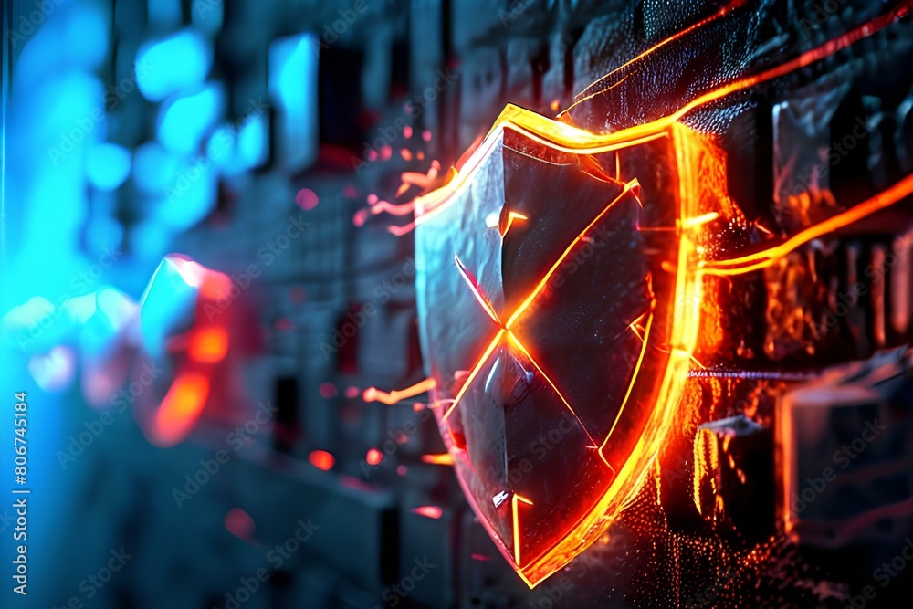 Wall mural A stylized image of a firewall represented as a protective barrier deflecting incoming digital attacks. - Wall murals