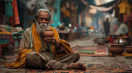 Weary Traveler Finds Respite Savoring Authentic Chai in a Vibrant Bazaar