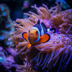 Fototapeta na wymiar Clownfish hiding among sea anemones, underwater