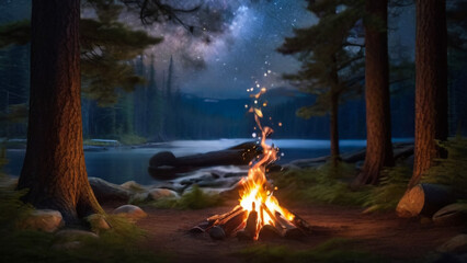 3D rendering of big bonfire with sparks and particles in front of forest

