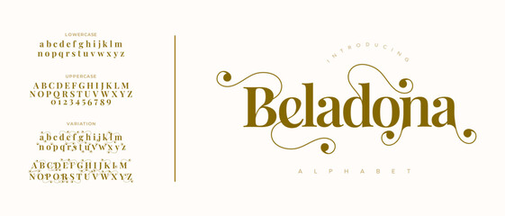 Beladona elegant font alphabet uppercase lowercase and number. Classic lettering minimal fashion designs. Typography modern serif fonts regular decorative vintage concept. Vector illustration