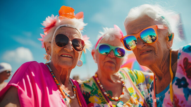 three ederly women posing in colorful clothes, eternal youth concept