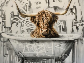 A canvas painting that depicts a Highland cow peering over the edge of a clawfoot tub, surrounded by whimsical black and white graffiti. AI generated