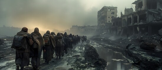 Refugees Fleeing Siege in a Desolate Urban Landscape Backs Turned as They Trudge Through Rubble and Destruction