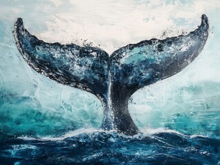 A canvas painting that captures a close-up view of a whale's tail as it dives into the ocean. AI generated