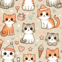 Cute drawing of cats in seamless pattern.