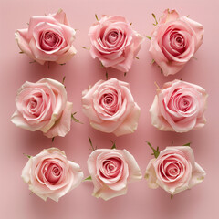 Overhead view of pink roses arranged on a pastel background