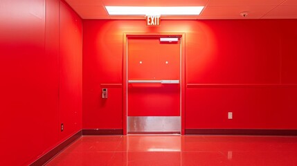 Emergency scene featuring a vivid red fire exit door in a commercial building, with clear exit signage and fluorescent lighting