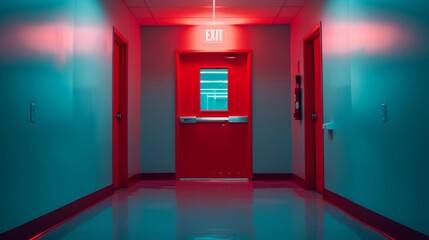 Emergency scene featuring a vivid red fire exit door in a commercial building, with clear exit signage and fluorescent lighting