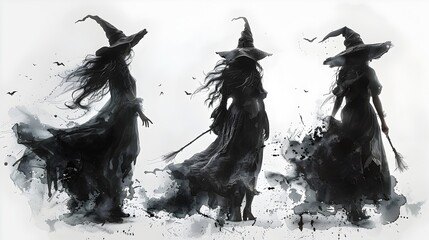 A Set of Mystical Silhouetted Witches Cloaked in Darkness and Intrigue