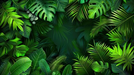 Nature Layout With Creative Tropical Green Leaves, Cartoon Background
