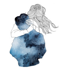 Couple hugs painting isolated on white.Love and relationship concept artwork.