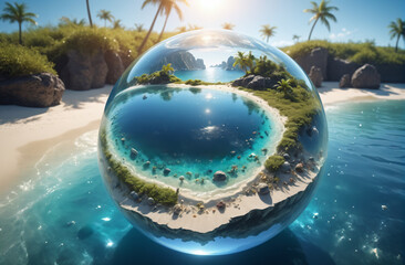 Fototapeta premium on the eve of your vacation, your journey is in your hands, a transparent globe with a paradise tropical beach, sea. Design for banner, postcard, tourism product
