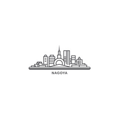 Nagoya cityscape skyline city panorama vector flat modern logo icon. Japan megapolis emblem idea with landmarks and building silhouettes. Isolated thin line black graphic