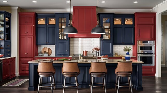 Rust red kitchen cabinets with navy blue island and navy blue pendant lights.