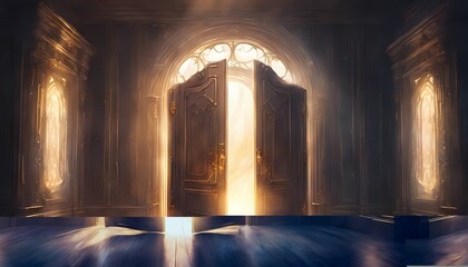 Elegant Entrance ajar door with Golden Light of morning Invitation: good morning light in the church
