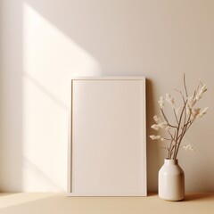 Elegant white frame mockup on a soft beige wall, minimalist interior with natural light.
