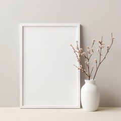 Minimalist style frame mockup on a pale wall, complemented by discreet, natural decorative elements.
