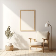 Fototapeta premium Light and airy minimalist interior with a frame mockup on a soft beige wall, near a pale wooden chair.