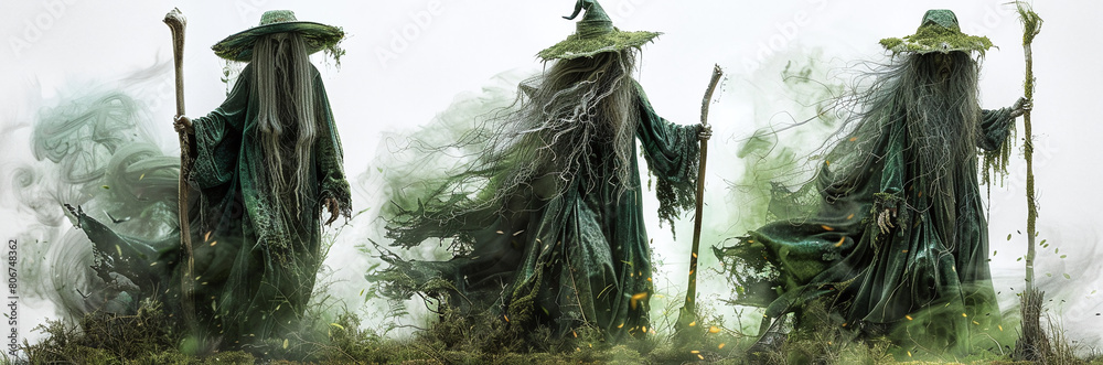 Wall mural A mystical artwork depicting five ethereal figures in green cloaks, surrounded by swirling mist and glowing elements, set against a foggy background.