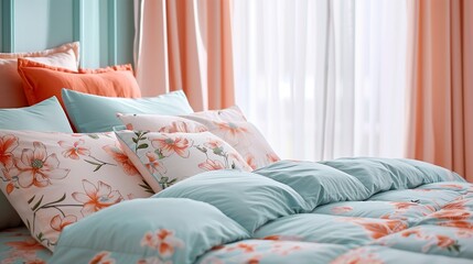 Sky blue bedding with peach floral patterns and peach curtains in a bedroom.