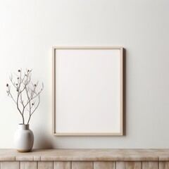Frame mockup with a thin metal border, displayed in a minimalist setting with a soft, neutral background.