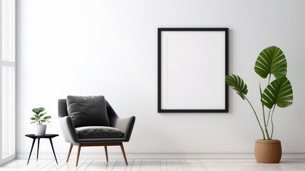 Minimalist black frame mockup in a light and airy room, focusing on minimal furnishings and clean...