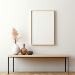 Frame mockup with a thin metal border, displayed in a minimalist setting with a soft, neutral background.