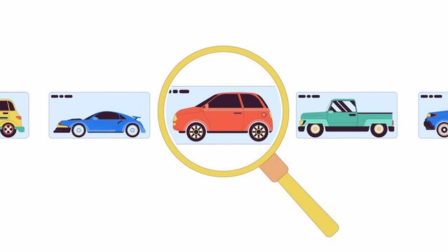 Choosing car online line 2D animation. Seeking auto on website with magnifying glass 4K video motion graphic. Internet dealership service linear animated cartoon flat concept, white background