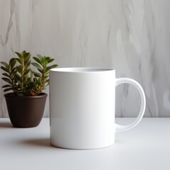 White coffee mug with a blank side for design, set in a minimalist setting with a warm, inviting tone.