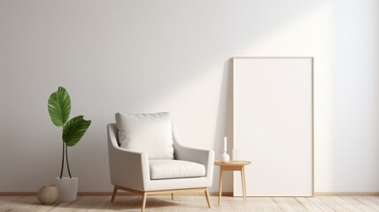 Sleek frame mockup in a bright, minimalist interior, placed on a white wall with minimal furnishings,