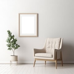 Frame mockup on a pristine white wall in a simple, minimalist interior with a single decorative element.