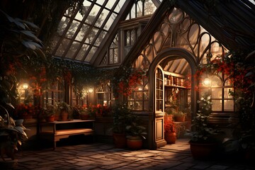 Illuminated greenhouse at night 3d render. Realistic illustration