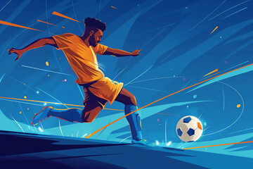 Fototapeta premium Digital art flat illustration of soccer players in action with the ball. Player run and hit the ball