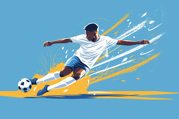 Digital art flat illustration of soccer players in action with the ball. Player run and hit the ball