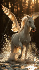 white stallion rearing back with wings straight on view beautiful lighting,generative ai