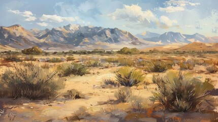 An oil painting on canvas depicting the arid beauty of the Southwest desert, with a focus on rugged mountains and sparse vegetation. AI generated