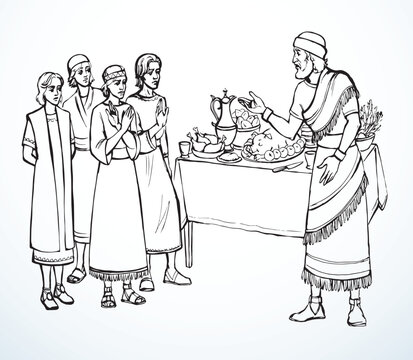 Vector drawing. Daniel and his friends refuse the king's food