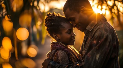 Portrait of African American couple in love hugging in park.