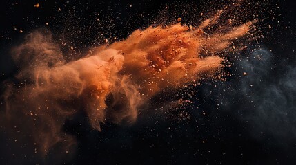 Orange Farbexplosion vor dunklem Hintergrund, rauchender Knall, Explosion aus orangem Pulver	
