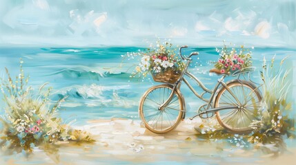 A canvas painting featuring a bicycle by the lake, its basket overflowing with fresh flowers, against a soft teal and aqua blue horizon. AI generated
