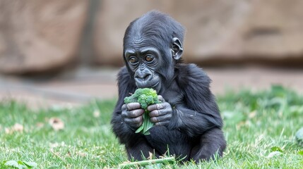   A chimpanzee holds a piece of broccoli in its hands, sitting in the grass - Powered by Adobe
