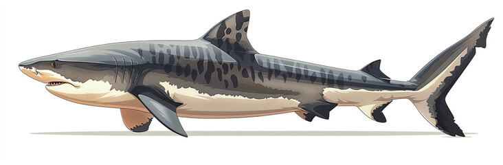 Illustration of a tiger shark, showing its distinctive stripes and streamlined body, isolated on a...